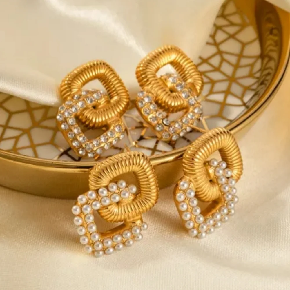 Stainless steel gold tone geometric crystal earrings new